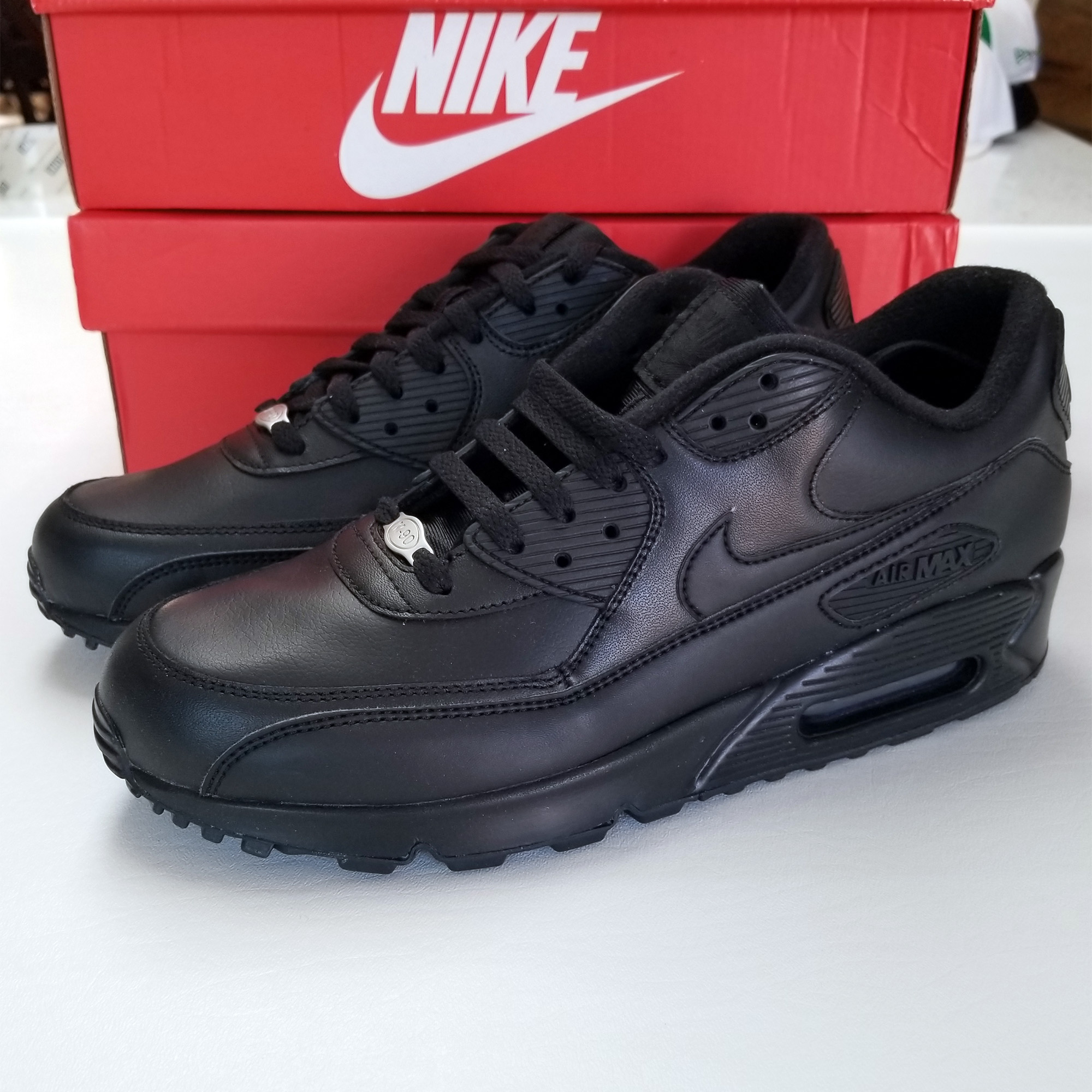 Men S Nike Air Max 90 Leather Triple Black Running Shoes 302519 001